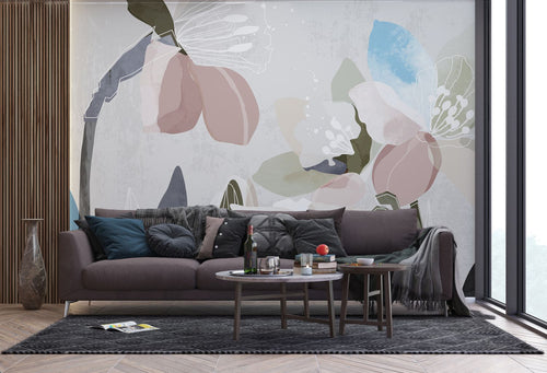 Sanders & Sanders fotobehang bloemmotief grijs, roze en blauw - 270 x 375 cm - 601171