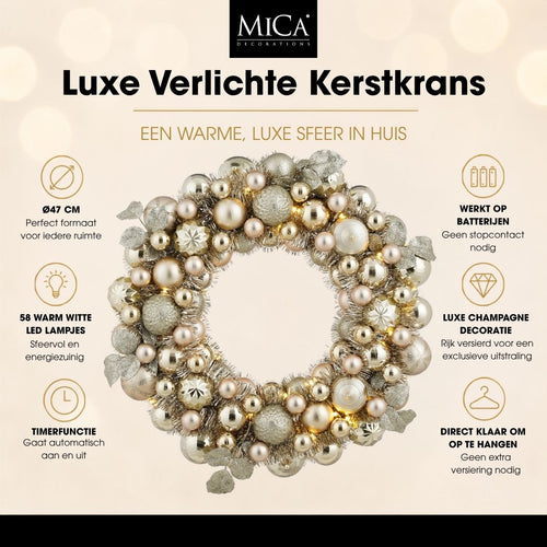 Mica Decorations Kerstkrans met Verlichting - Deurkrans H8,5 x Ø47 cm - Kerst Krans met Timer en Kerstballen  - Multifunctionele Kerstversiering -