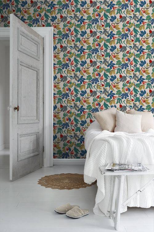 Borastapeter behang bladeren blauw, rood, geel en groen - 49 cm x 10.05 m - 660800 - vtwonen shop