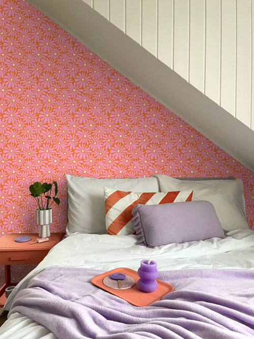 ESTAhome behang madeliefjes roze, oranje en geel - 50 x 900 cm - 131815