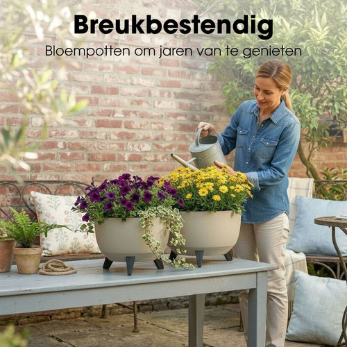 Mica Decorations Doppio Plantenbak op Poten - 20,5 x Ø40 cm - Plantenbakken voor Buiten - Bloembakken voor Balkon - Gerecycled Plastic - Beige