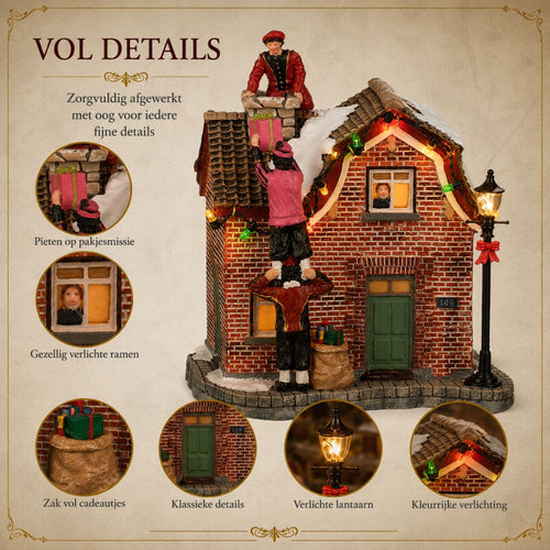 Luville Collectables Pieten Beklimmen Huis - Kerstdecoratie met Bewegende Pieten en Verlichting - Werkt op Batterijen - Polyresin - 13,5 x 11,5 x 18