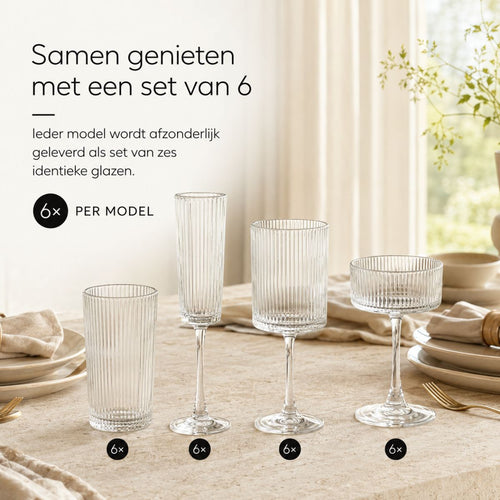 Mica Decorations Grigio Drinkglazen Set van 6 - Longdrinkglazen van Glas met Subtiele Ribbelstructuur - Transparant en Tijdloos voor Water, Frisdrank