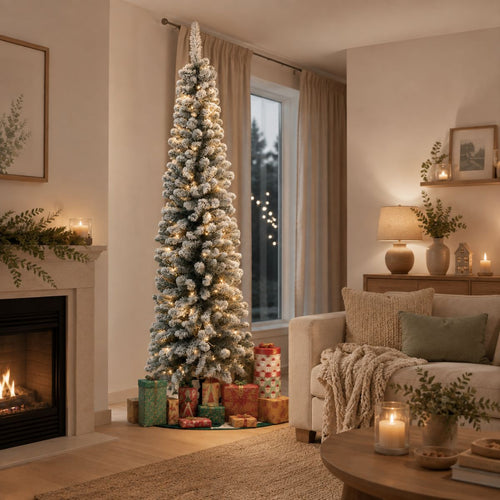 Black Box Trees Charlton Slim Kerstboom met LED Verlichting - Kerstversiering voor Binnen - Kunstboom met Frosted Takken en Timerfunctie - H155 x Ø48