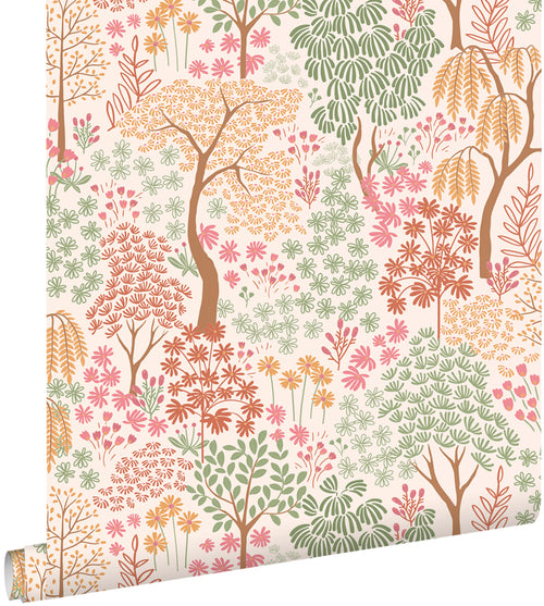 ESTAhome behang bomen en bloemen terracotta, roze en groen - 50 x 900 cm - 131185 - vtwonen shop
