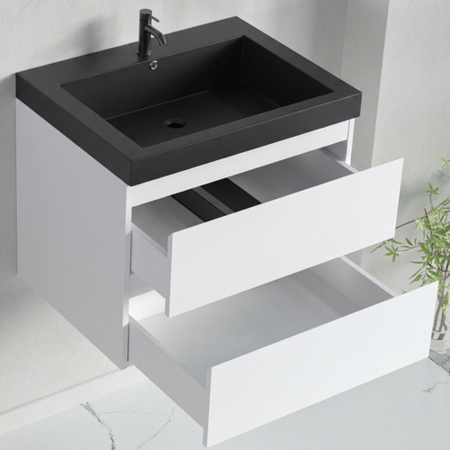 LOMAZOO badkamermeubel Monaco - zwevend met zwarte wastafel - glanzend wit - 60 cm