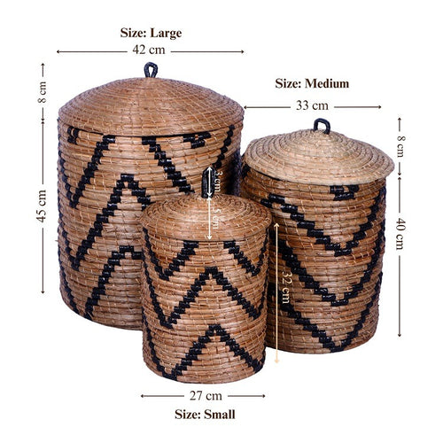 Handgevlochten Opbergmanden Set van 3 – Natuurlijke Wasmanden met Deksel – Mendong Gras – Decoratief & Functioneel - S:Dia27cm Hoogte 32cmM: Dia 3...