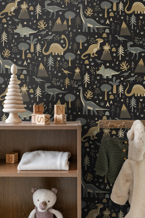 ESTAhome behang dinosaurussen vergrijsd blauw, bruin en zwart - 50 x 900 cm - 139803