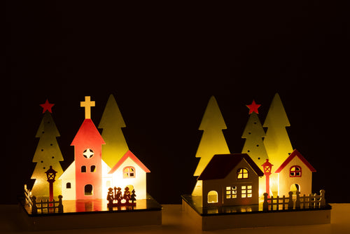 J-Line decoratie Winter Huis - hout - mix - 2 stuks - LED lichtjes