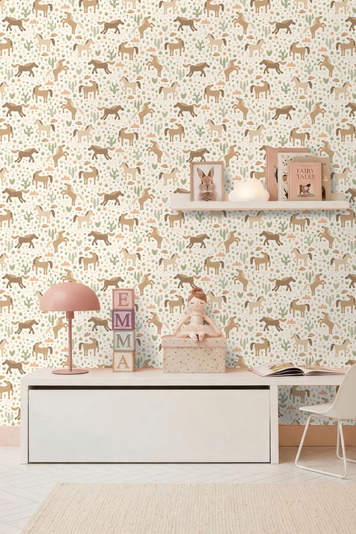 ESTAhome behang paarden beige, bruin en groen - 50 x 900 cm - 132192