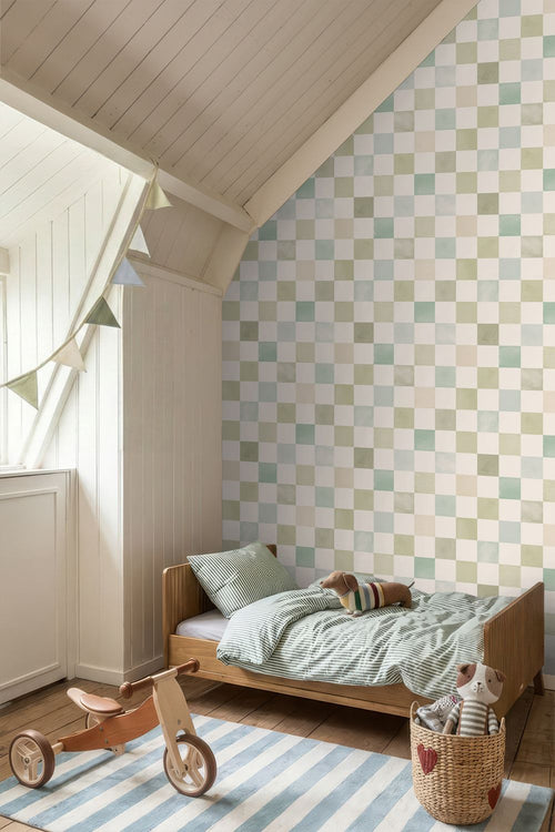 ESTAhome behang geblokt motief beige, blauw en groen - 50 x 900 cm - 131718