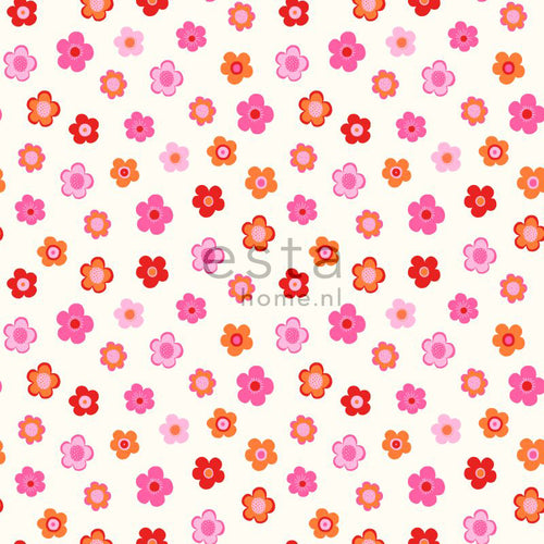 ESTAhome behang vintage bloemetjes roze, koraal rood en oranje - 53 cm x 10.05 m - 138725