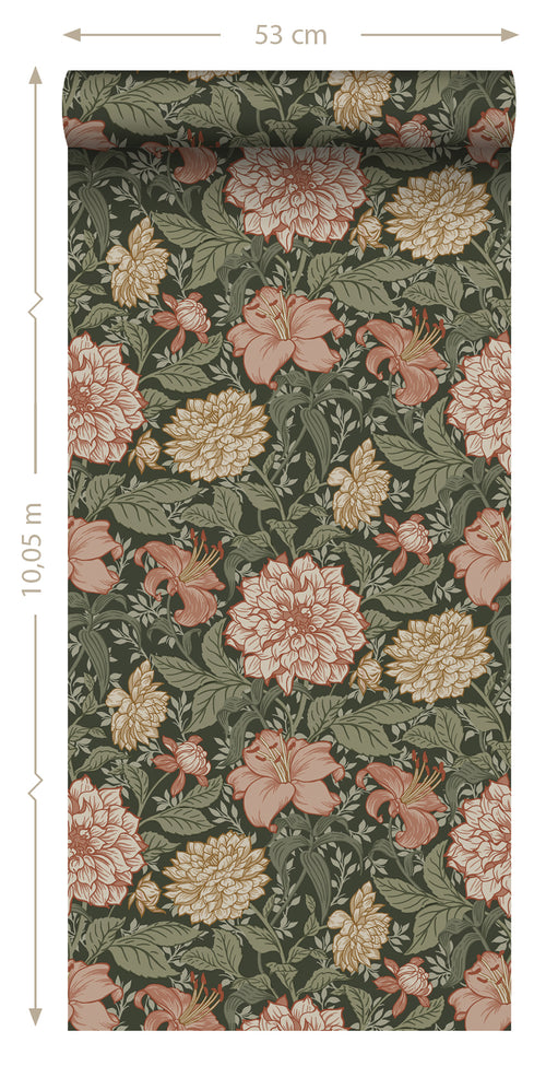 ESTAhome behang vintage bloemen vergrijsd groen en terracotta roze - 0,53 x 10,05 m - 139381 - vtwonen shop