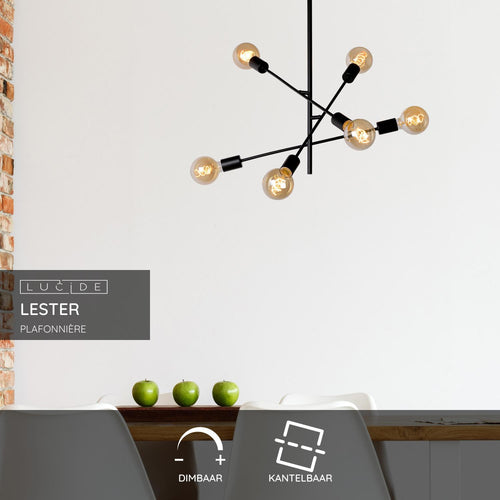Lucide plafonnière LESTER - 6xE27 - Zwart - vtwonen shop