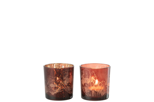 J-Line windlicht Bloemen - glas - bordeaux - small - 2 stuks