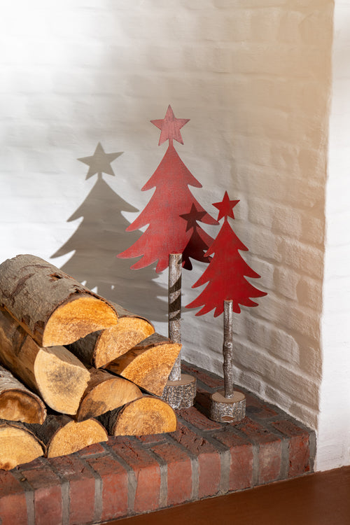 J-Line decoratie Kerstboom + Ster - ijzer/hout - rood - large