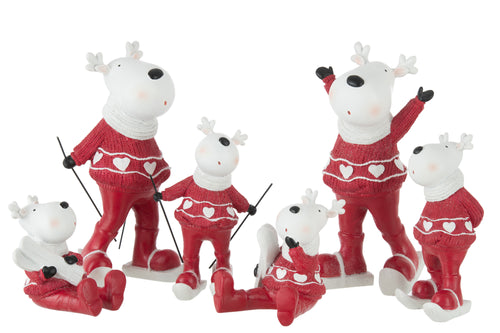 J-Line kerstfiguur Rendier Zittend - polyresin - wit/rood - 2 stuks