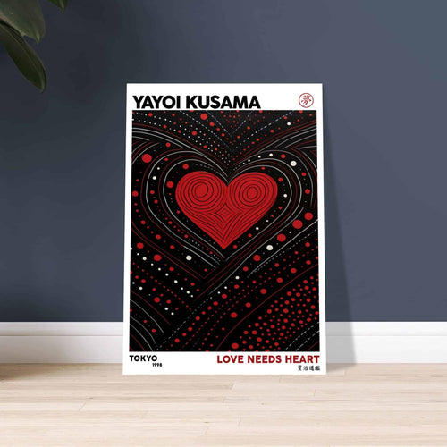 Artfulprints Poster met Lijst Yayoi Kusama - Love needs heart   - A4 21x29.7 cm - Zwart