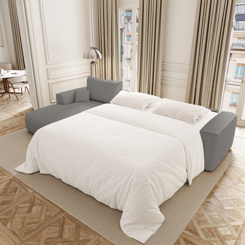 Premium Interiors - Linkshoekbank met snelle uitklapfunctie COMO - bouclé-stof grafietgrijs 300cm