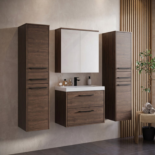 Badplaats Badkamerkast Florence 30 x 35 x 130 cm – Walnoot Bruin – Hangende Kolomkast met 2 Deuren en 1 Lade