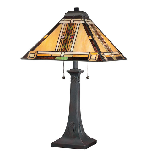 Tischleuchte Traditionell Bronze, Kunstglasschirm 2x E27