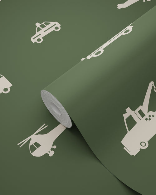 ESTAhome behang auto's, brandweerauto's, helikopters en kranen vergrijsd olijfgroen - 50 x 900 cm - 131455 - vtwonen shop