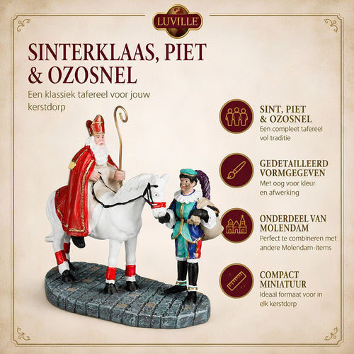 Luville Sinterklaasscène met Piet en Ozosnel - Kerstdorpfiguur uit de Molendam-serie - Sinterklaasdecoratie van Polyresin - Miniatuur voor Winterdorp