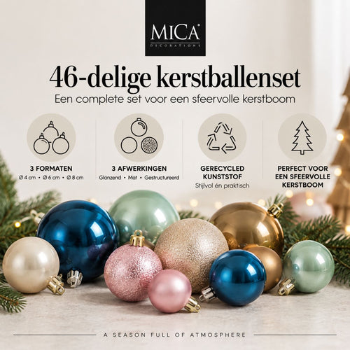 Mica Decorations Bal Onbreekbaar Donkerblauw 46 Stuks - Kerstballenset met Glanzende, Matte en Glitter Afwerking - Onbreekbare Kerstballen van