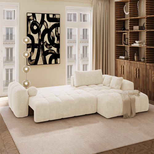 Premium Interiors - Rechthoekige hoekbank met slaapfunctie en opbergruimte SKY - kruisweefsel  crème 310cm