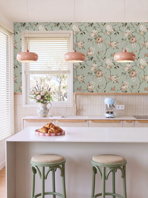ESTAhome behang vintage bloemen vergrijsd mintgroen en zacht roze - 53 cm x 10.05 m - 139291