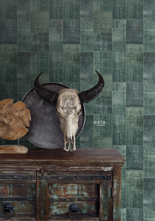 ESTAhome behang Marrakech kelim patchwork tapijt smaragdgroen - 53 cm x 10.05 m - 148652