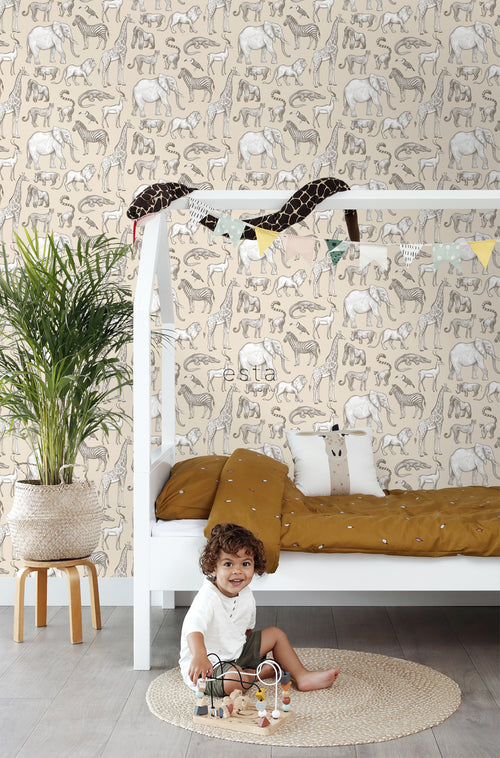 ESTAhome behang jungle dieren beige - 53 cm x 10.05 m - 139511