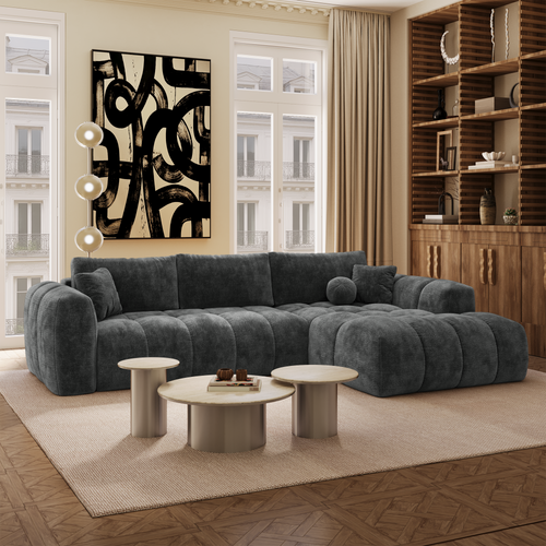 Premium Interiors - Rechthoekige hoekbank met slaapfunctie en opbergruimte SKY - gewaafd fluweel leisteengrijs 310cm