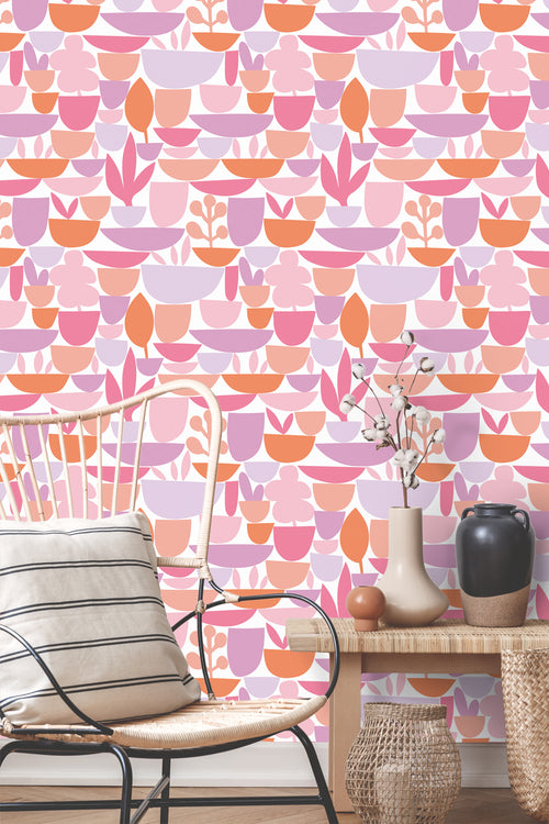 ESTAhome behang aardewerk en planten roze, paars en oranje - 50 x 900 cm - 131075 - vtwonen shop