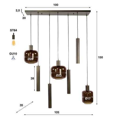 Giga Meubel Hanglamp Bronza Mix - Bruin Glas - 7-Lichts - 105x35x150cm - vtwonen shop