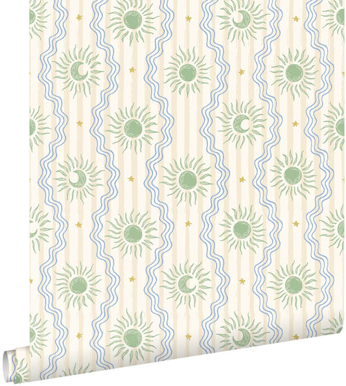 ESTAhome behang zonnetjes beige, blauw en groen - 50 x 900 cm - 132015