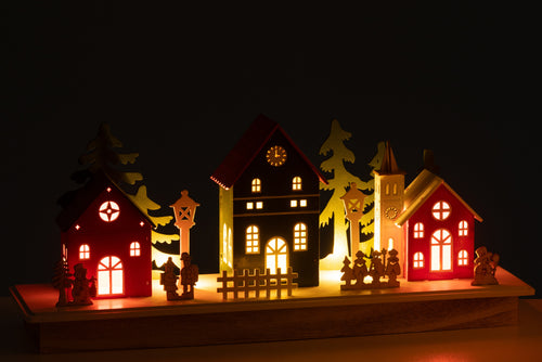 J-Line decoratie Winter Dorp - hout - mix - LED lichtjes