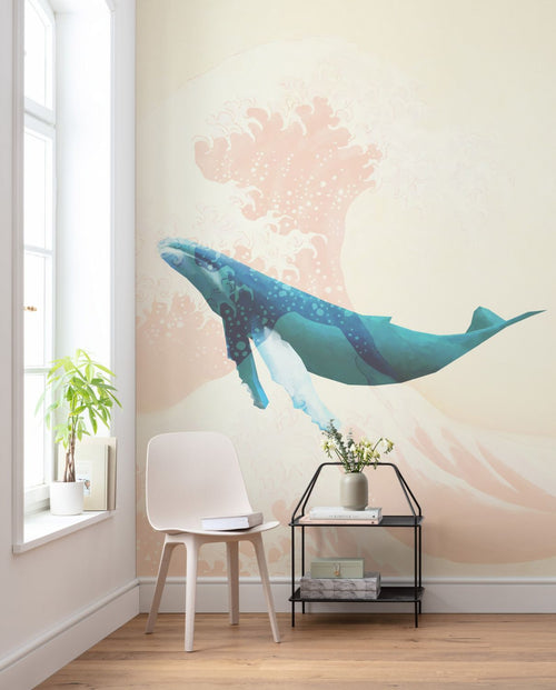 Sanders & Sanders fotobehang walvis blauw, crème beige en zacht roze - 200 x 280 cm - 612130