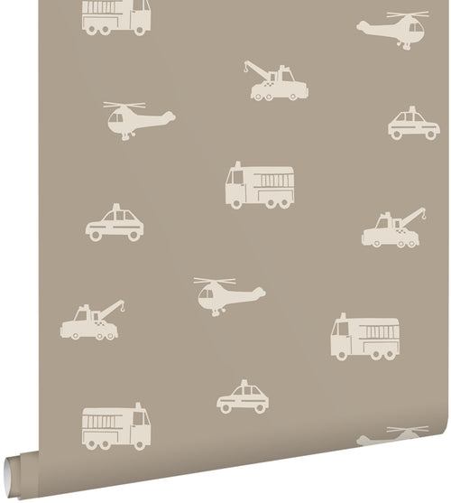 ESTAhome behang auto's, brandweerauto's, helikopters en kranen taupe - 53 cm x 10.05 m - 131399 - vtwonen shop