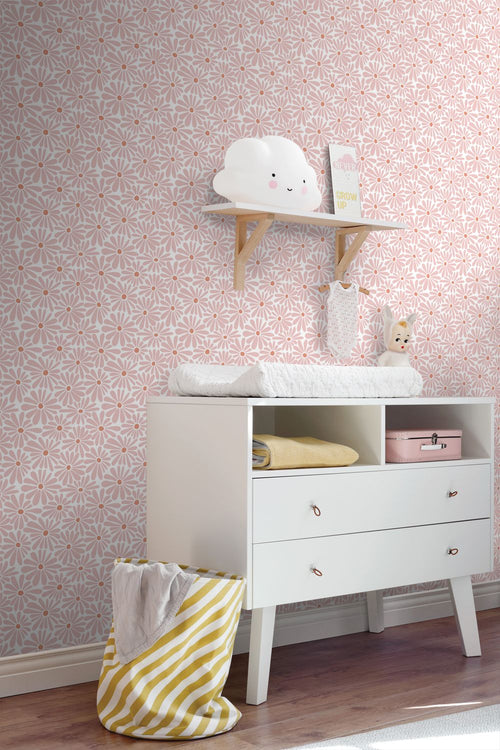 ESTAhome behang madeliefjes roze en terracotta - 50 x 900 cm - 132004