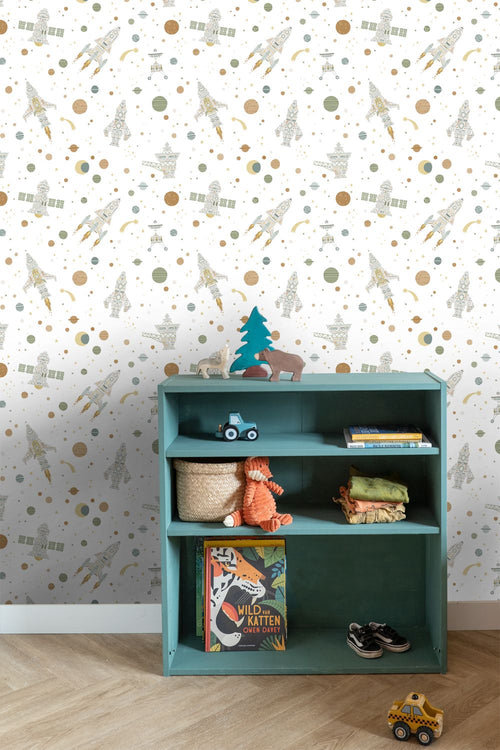 ESTAhome behang planeten in de ruimte wit, groen en bruin - 50 x 900 cm - 132069