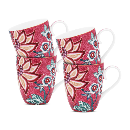 Pip Studio Flower Festival Mokken - Servies - Set van 4 Kopjes - Donkerroze - 350ml - vtwonen shop