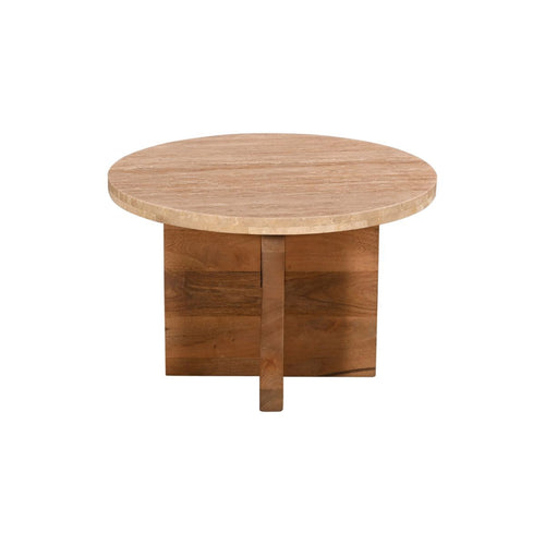 Giga Meubel Salontafel Leno Rond - Travertin/Hout - Naturel - Set van 2 - vtwonen shop