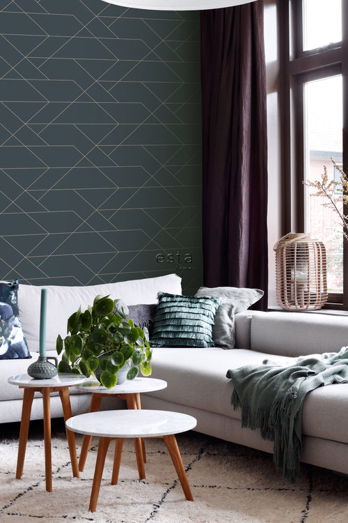 ESTAhome behang grafische lijnen donkerblauw en goud - 53 cm x 10.05 m - 139213