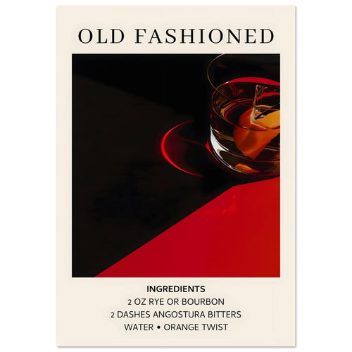 Artfulprints Poster met Lijst Old Fashioned cocktail - Ingrediënten   - 70x100 cm - Zwart