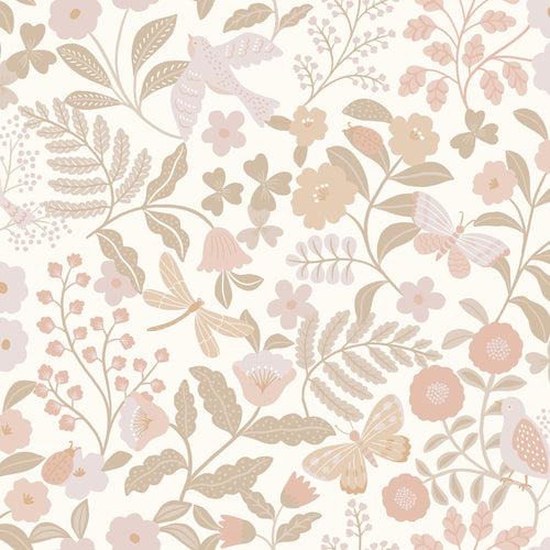 ESTAhome behang bloemen en vogels wit, beige en zacht roze - 53 cm x 10.05 m - 139866