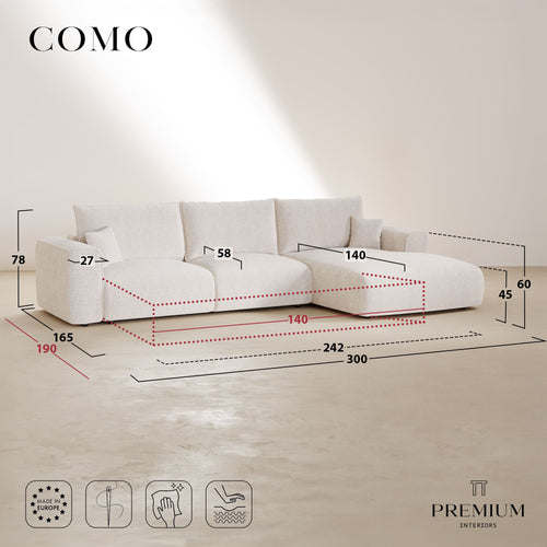 Premium Interiors - Rechthoekige hoekbank met snelle slaapfunctie COMO - weefsel met ruitpatroon, voelt zacht aan beige 300cm
