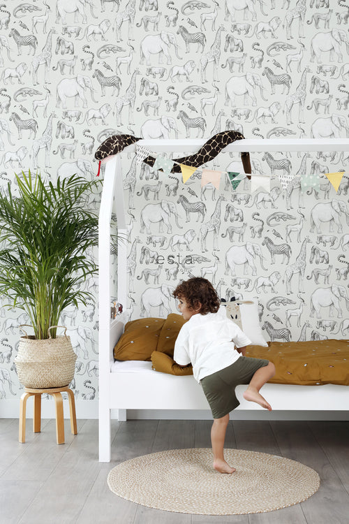 ESTAhome behang jungle dieren groen grijs - 53 cm x 10.05 m - 139270