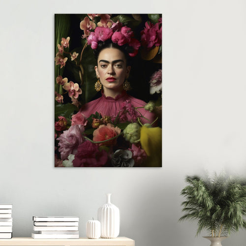 Artfulprints Canvas Frida Kahlo – Floral portrait canvas - 50x70 cm - Roze