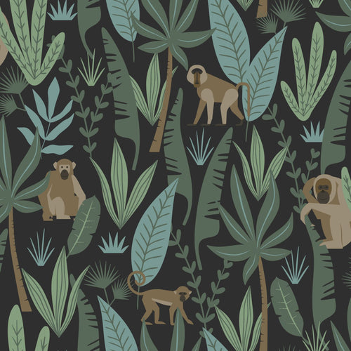 ESTAhome behang jungle apen zwart, donkergroen en mintgroen - 53 cm x 10.05 m - 139074